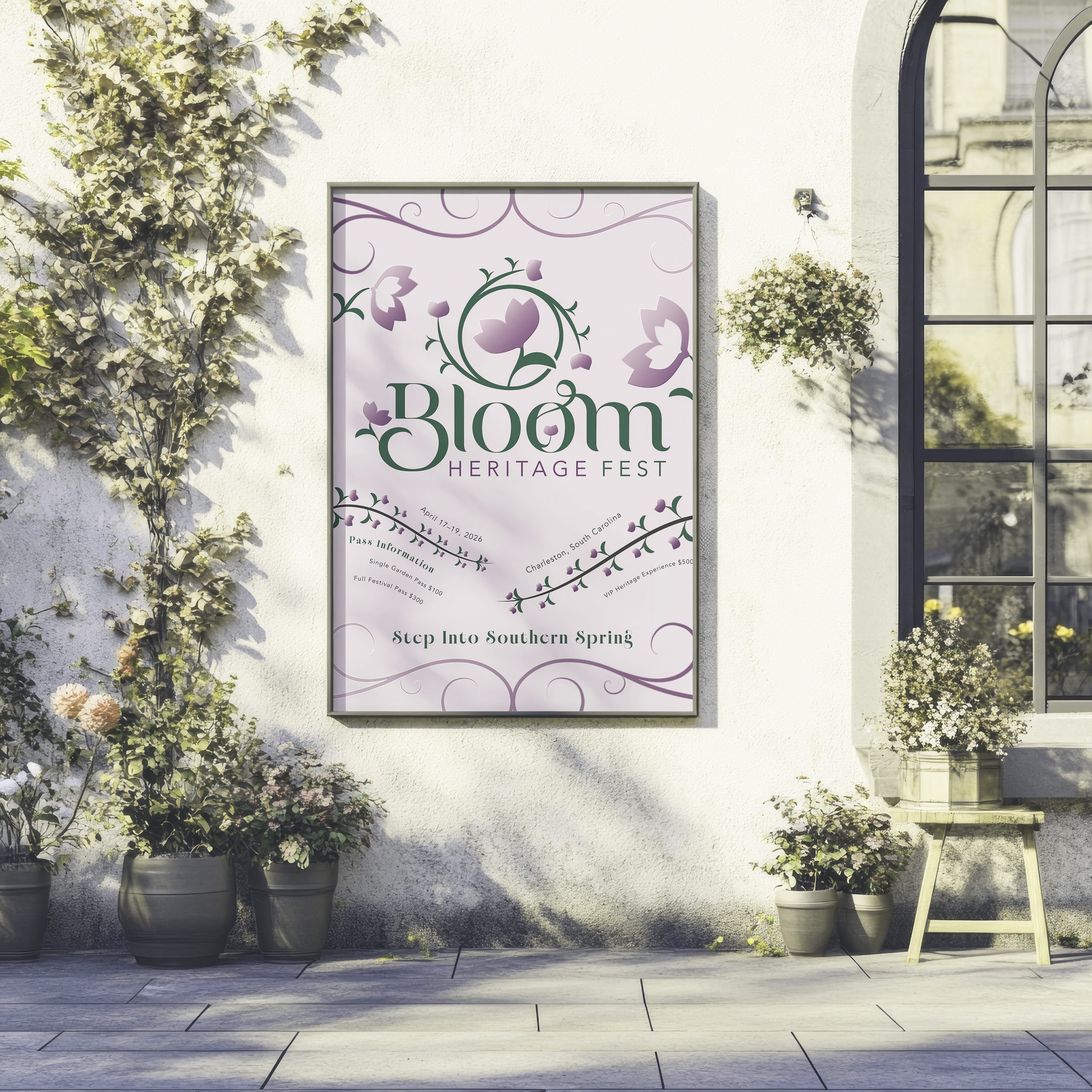 Mockup of the poster for this festival with the logo in the center and flowers surrounding the logo with information at the bottom and a pink background. The poster is next to a flowershop on a white wall.