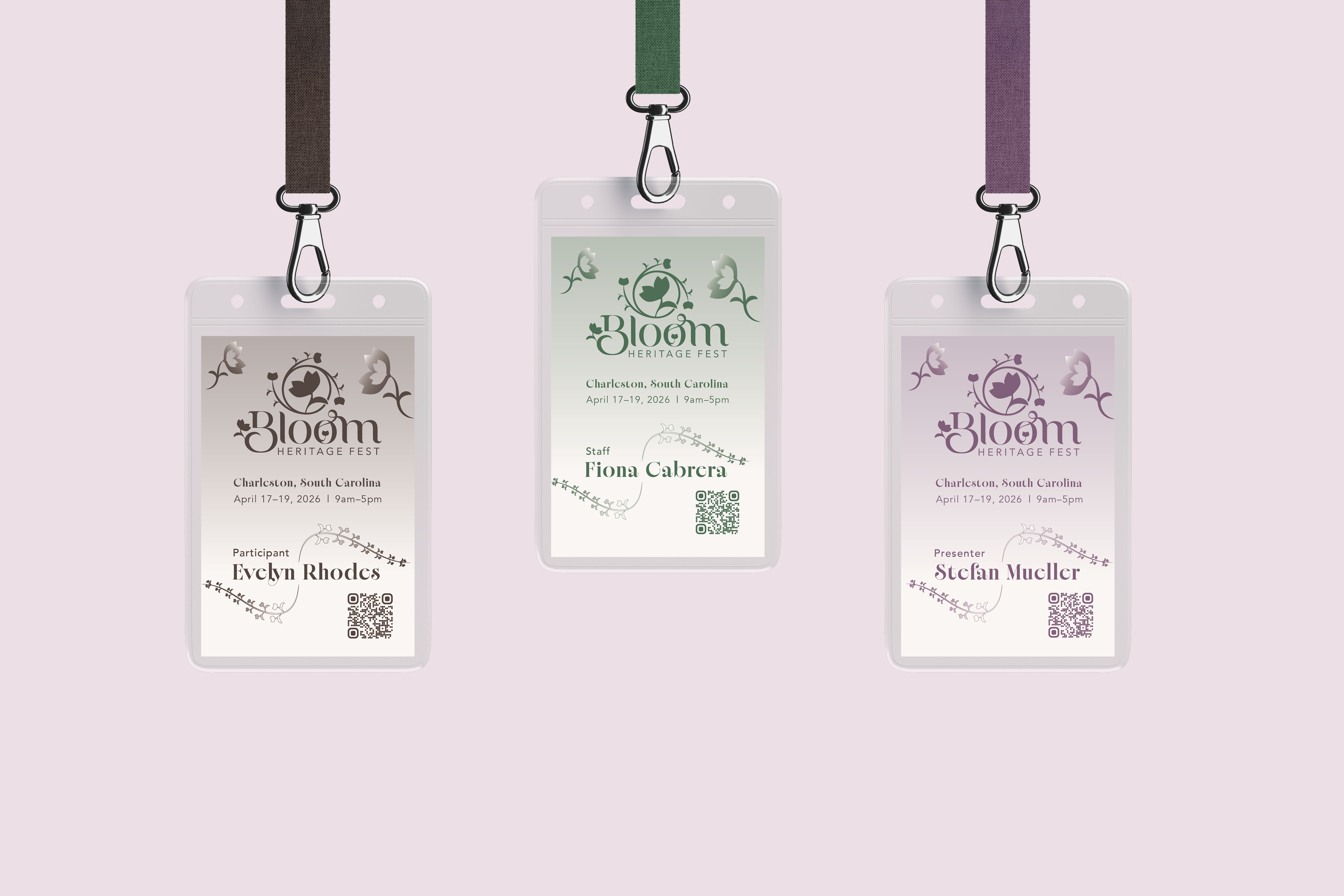 Mockup of the passes for this event one is a pink, one is a green, and one is a brown color theme with a pink background.