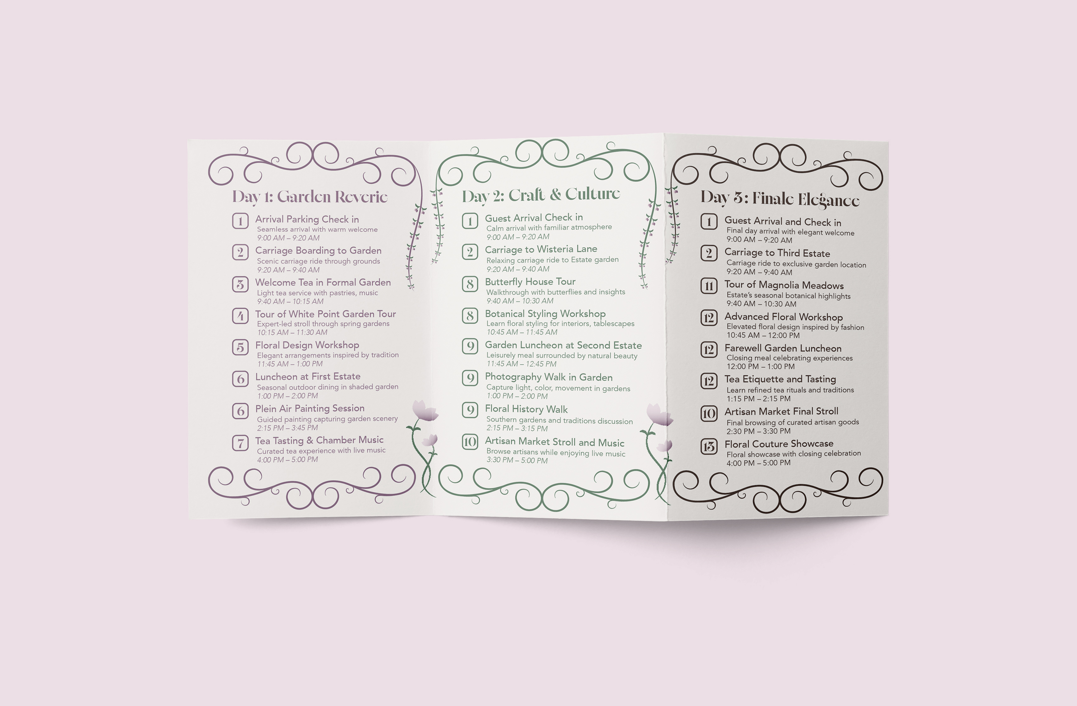 Mockup of inside of the folable schedule with information regarding the three days.