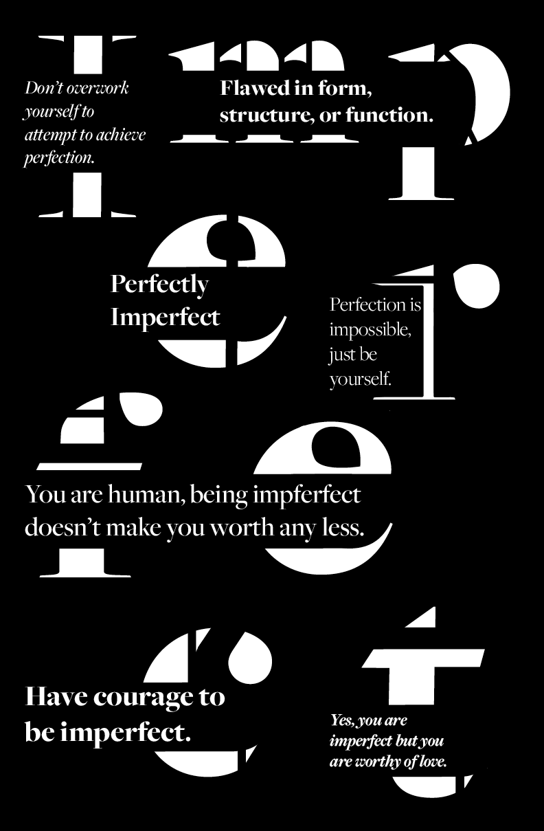 Image of the inverted expressive type poster with the word imperfect on it with other phrases