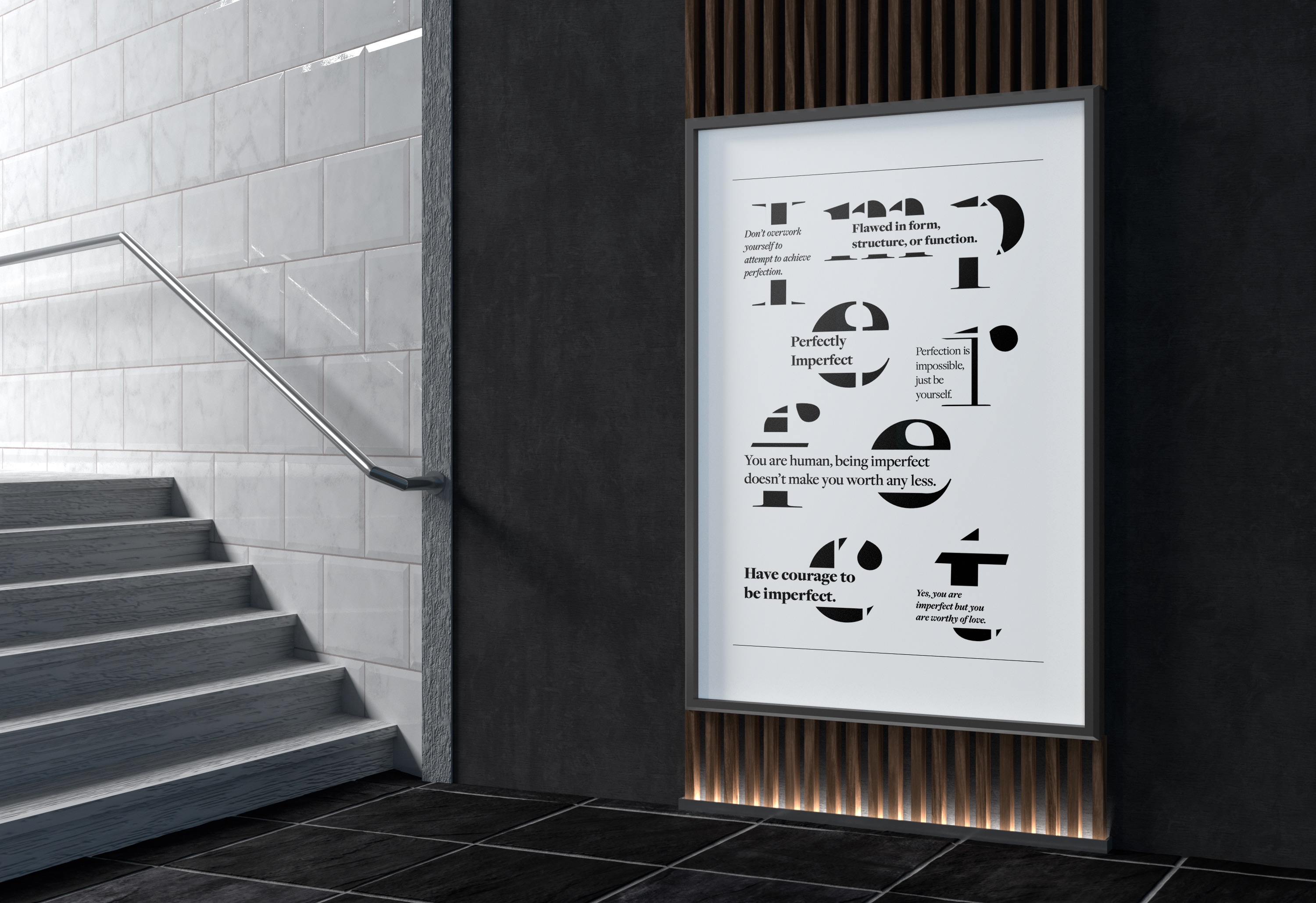 Mockup of a poster of the expressive type on a brown wooded wall decor with a dark grey wall behind that, a dark grey tiled floor, and stairs to the left of the poster.