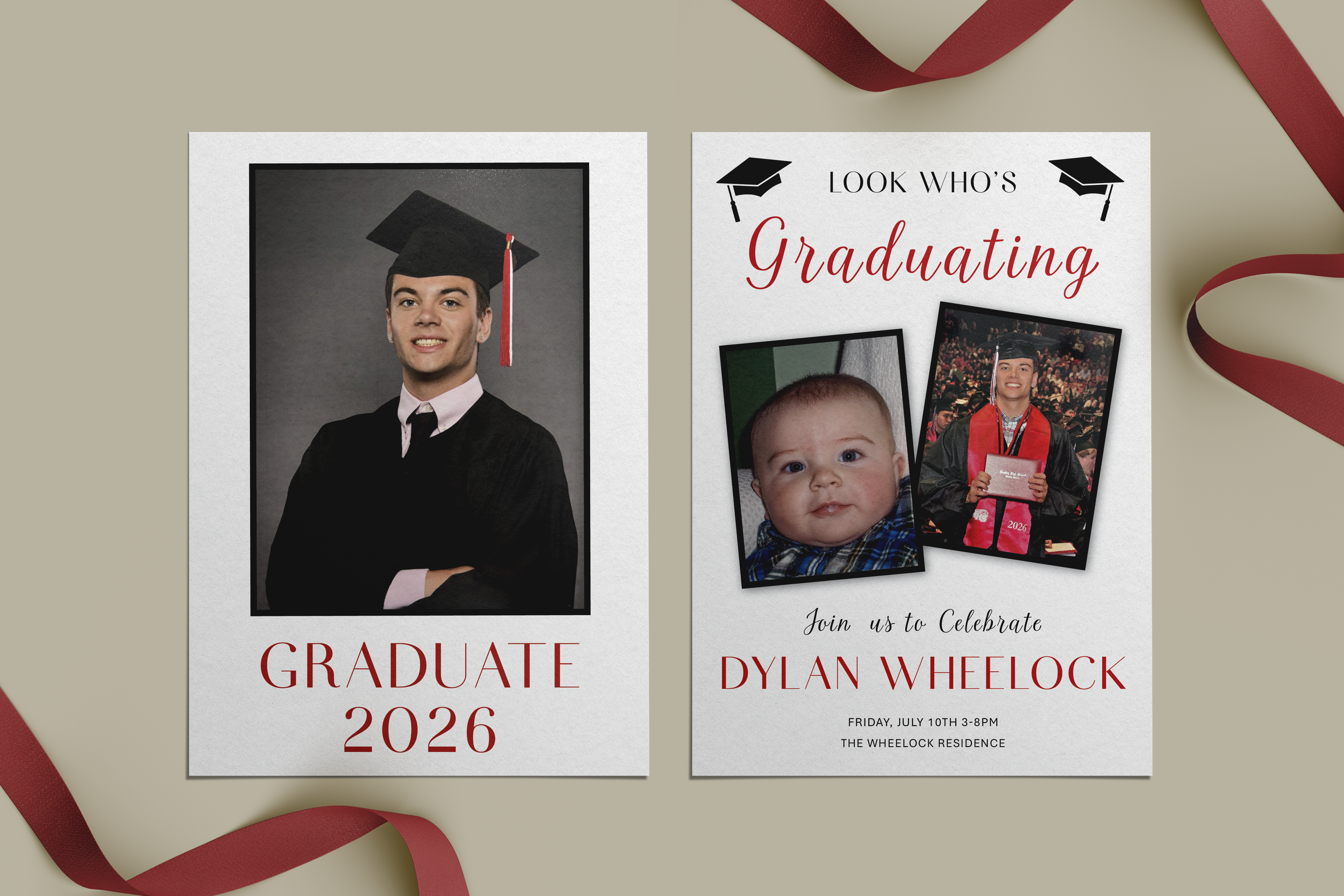 Mockup of a graduation card for Dylan Wheelock. It has a graduation formal picture of him on the front with the words graduate 2026. On the back there is a baby picture and a picture of him now as well as information about the event.