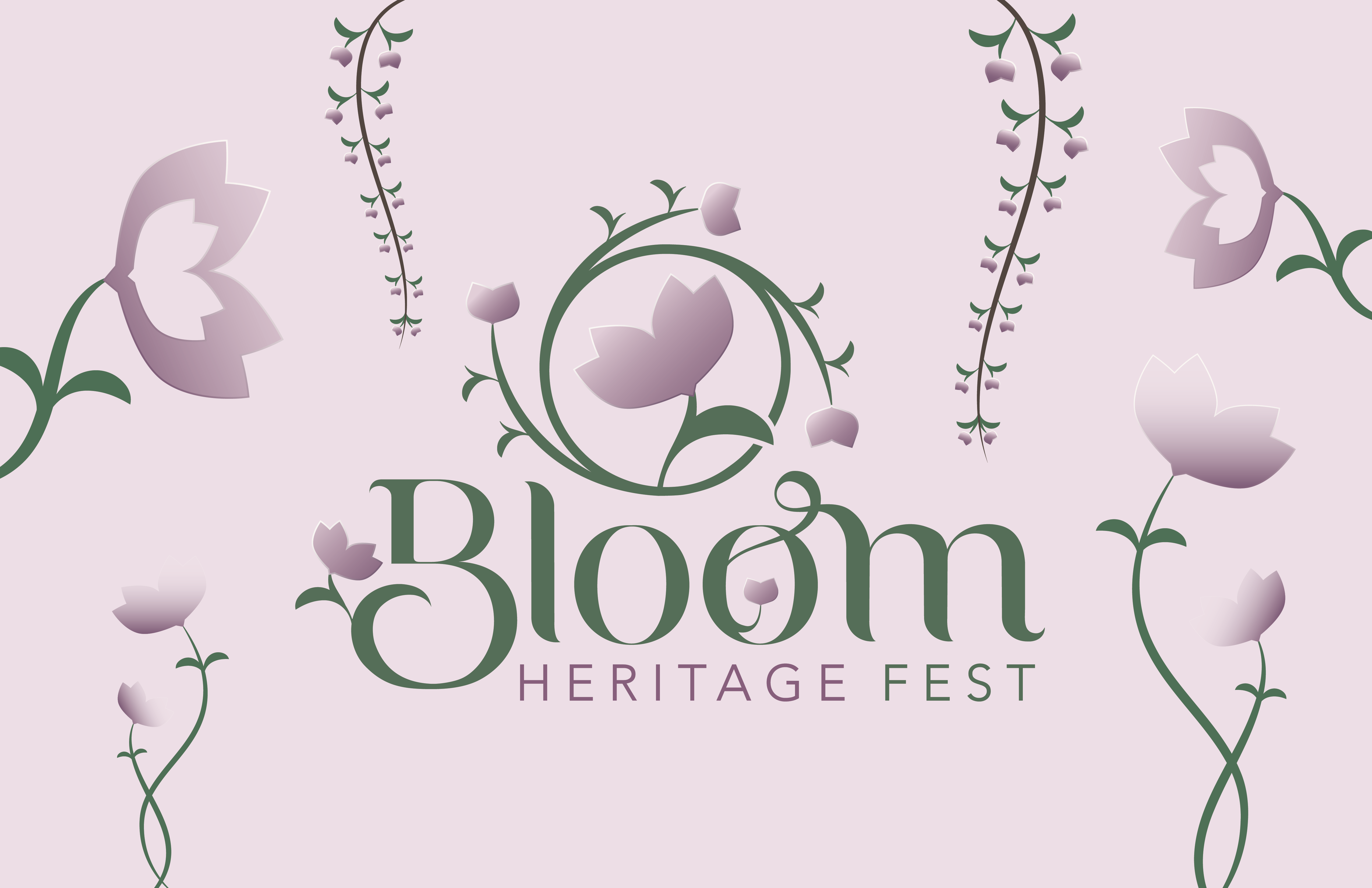 Close up of mockup of Bloom Heritage Festivak poster near a flower shop, it is pink with various purple flowers.