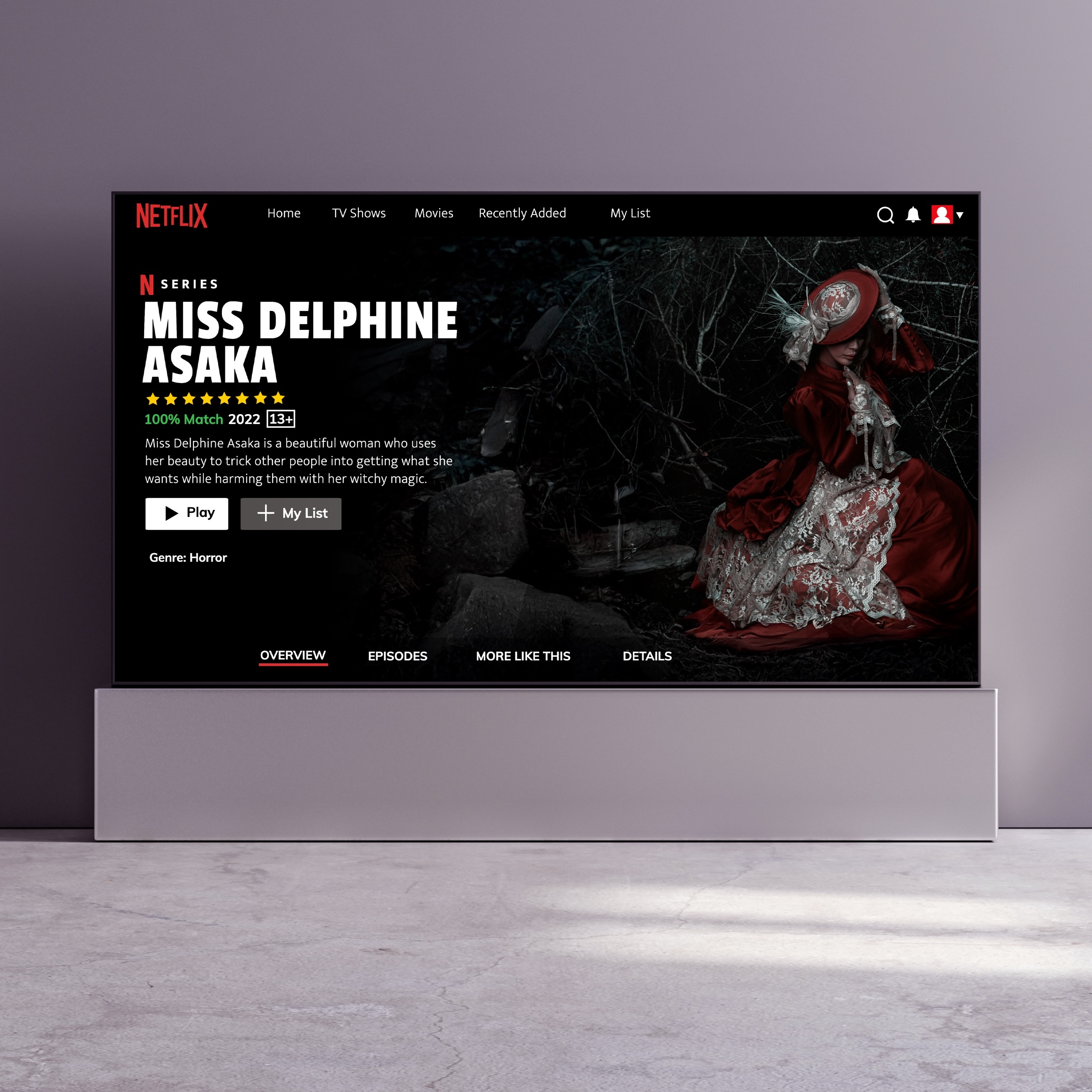 Mockup of Netflix movie advertisement on a large tv in a purple room.