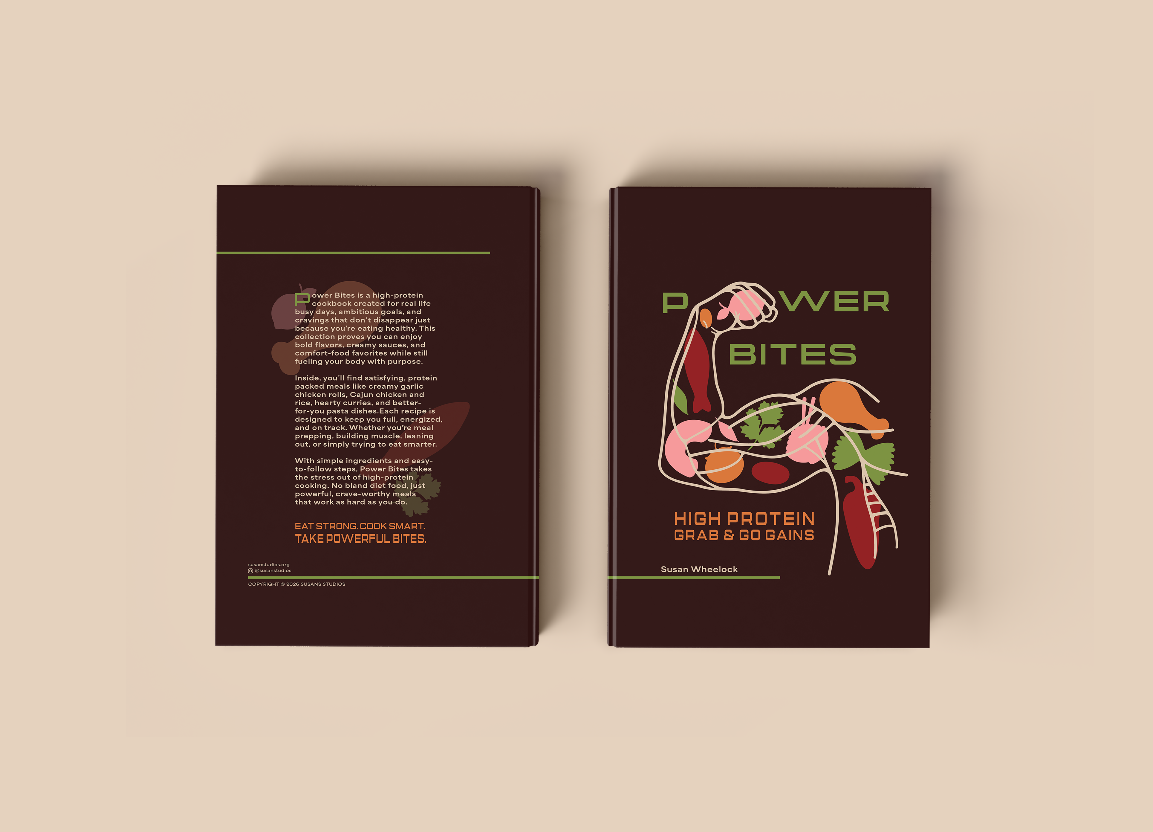 Close up of a mockup of Power Bites Brown Cookbook with a muscular arm and various colored foods.