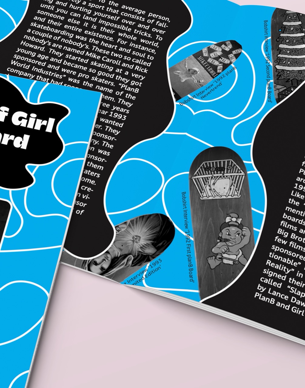 Mockup of a closeup of 30 Years of Girl Skateboard Design zine front cover and open page with pink background.