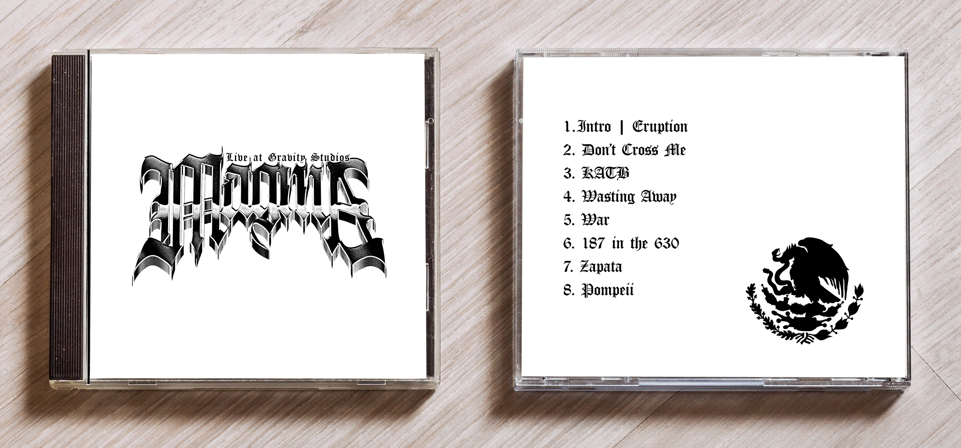 Closeup mockup of Front and back of the CD including their logo and song list