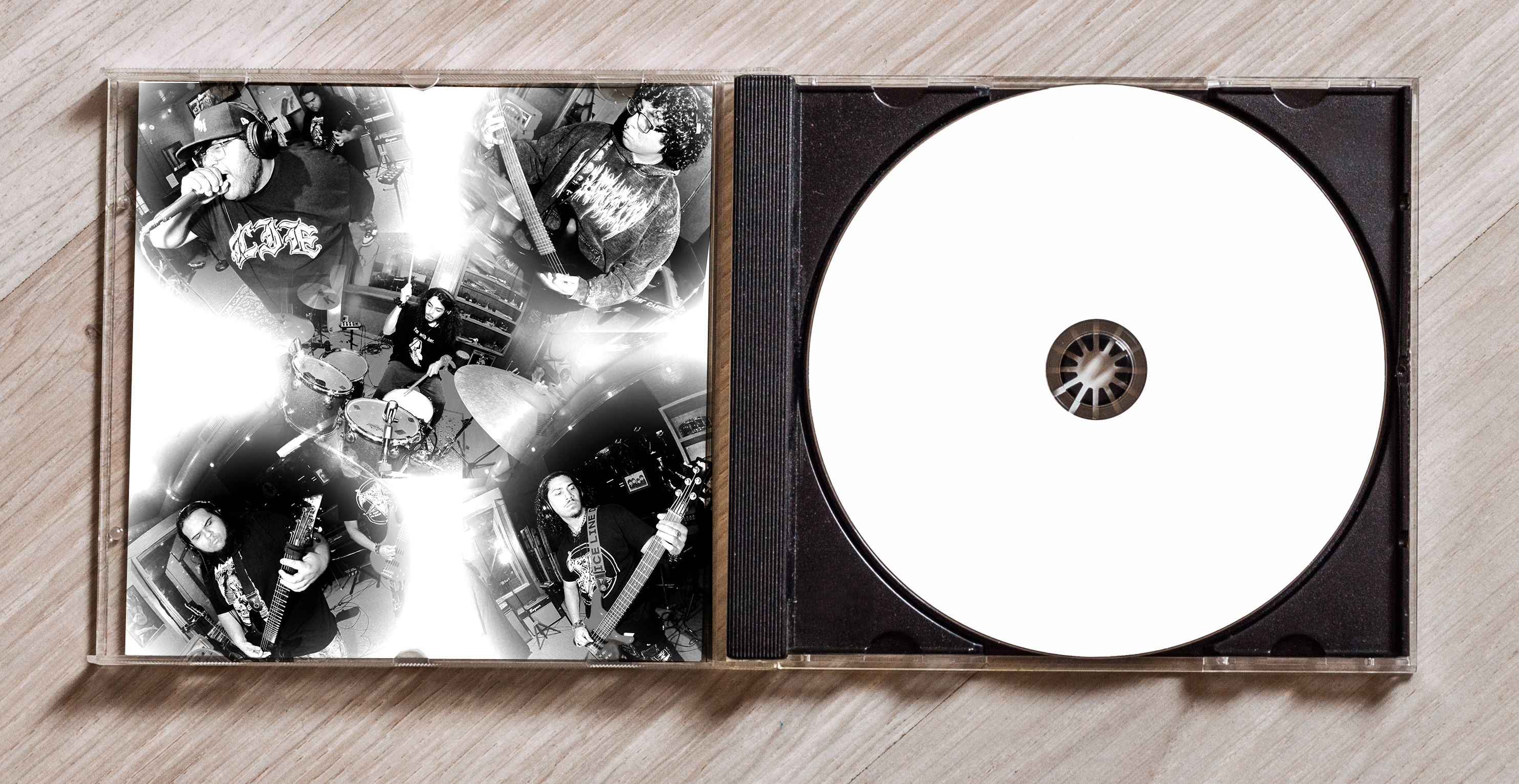 Closeup mockup of inside of CD including images of the band members