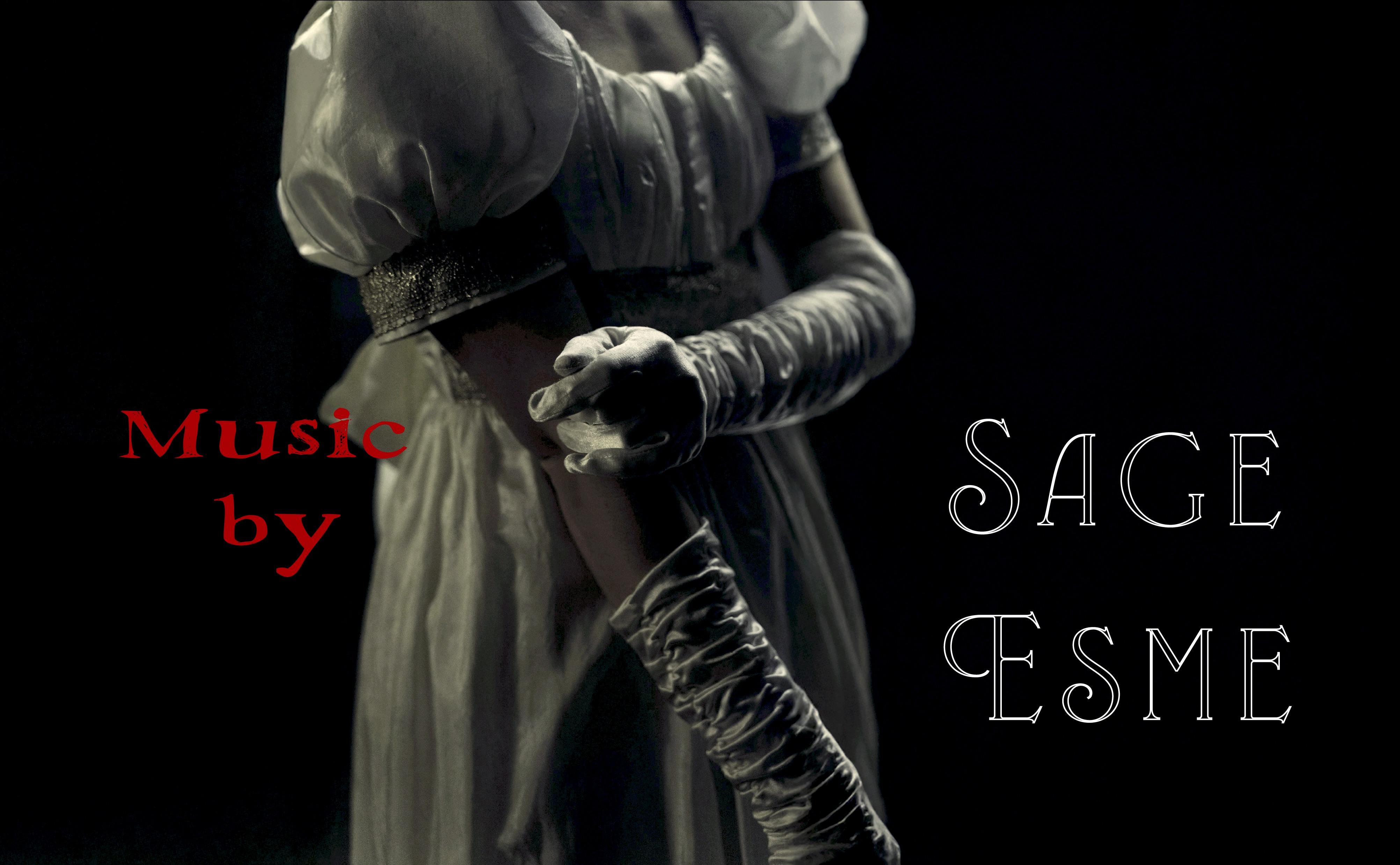 A girl wearing a white dress and white gloves with the words Music By Sage Esme.