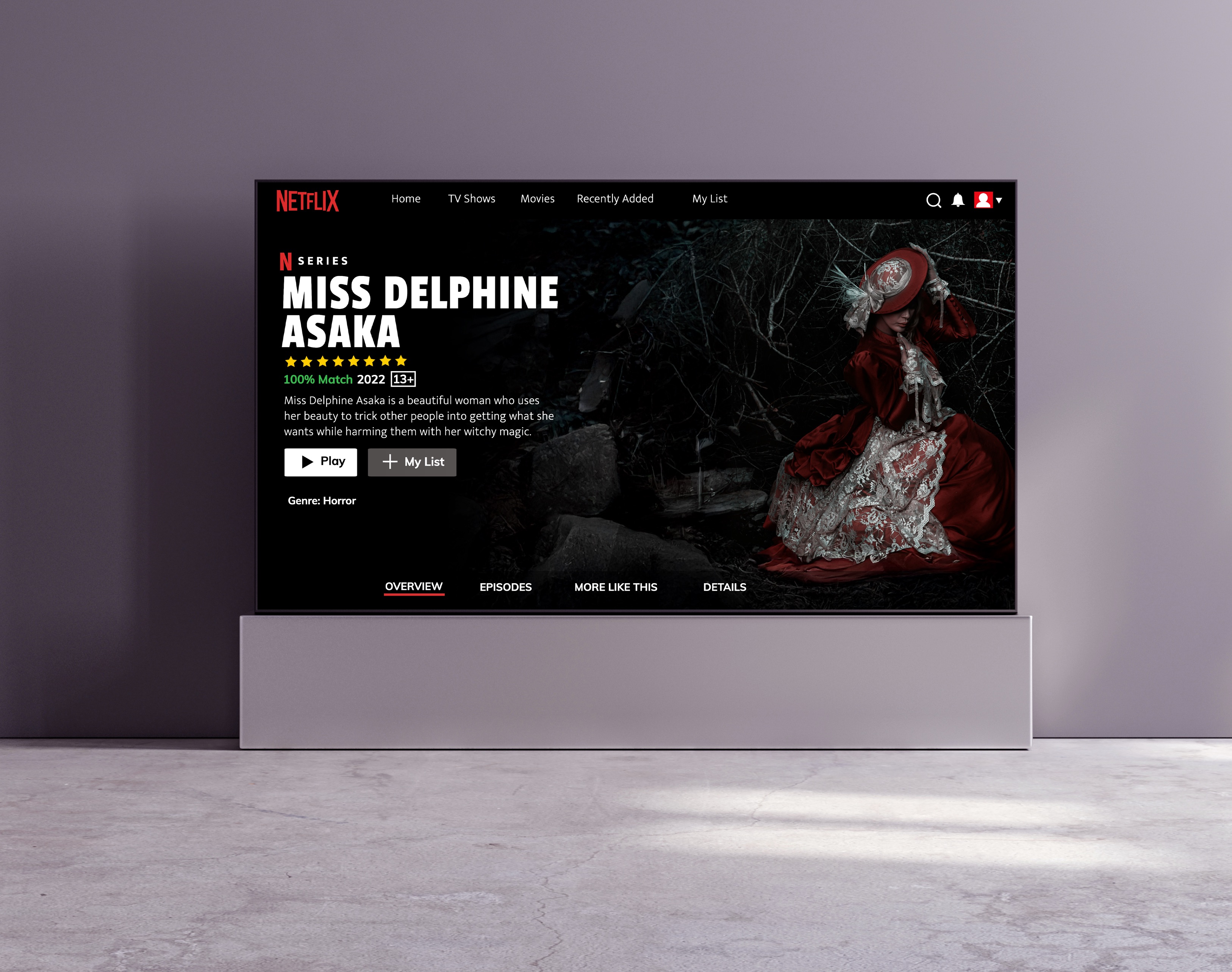 Mockup of a tv on a stand with cement floor and purple background with Netflix movie advertisement on the screen
