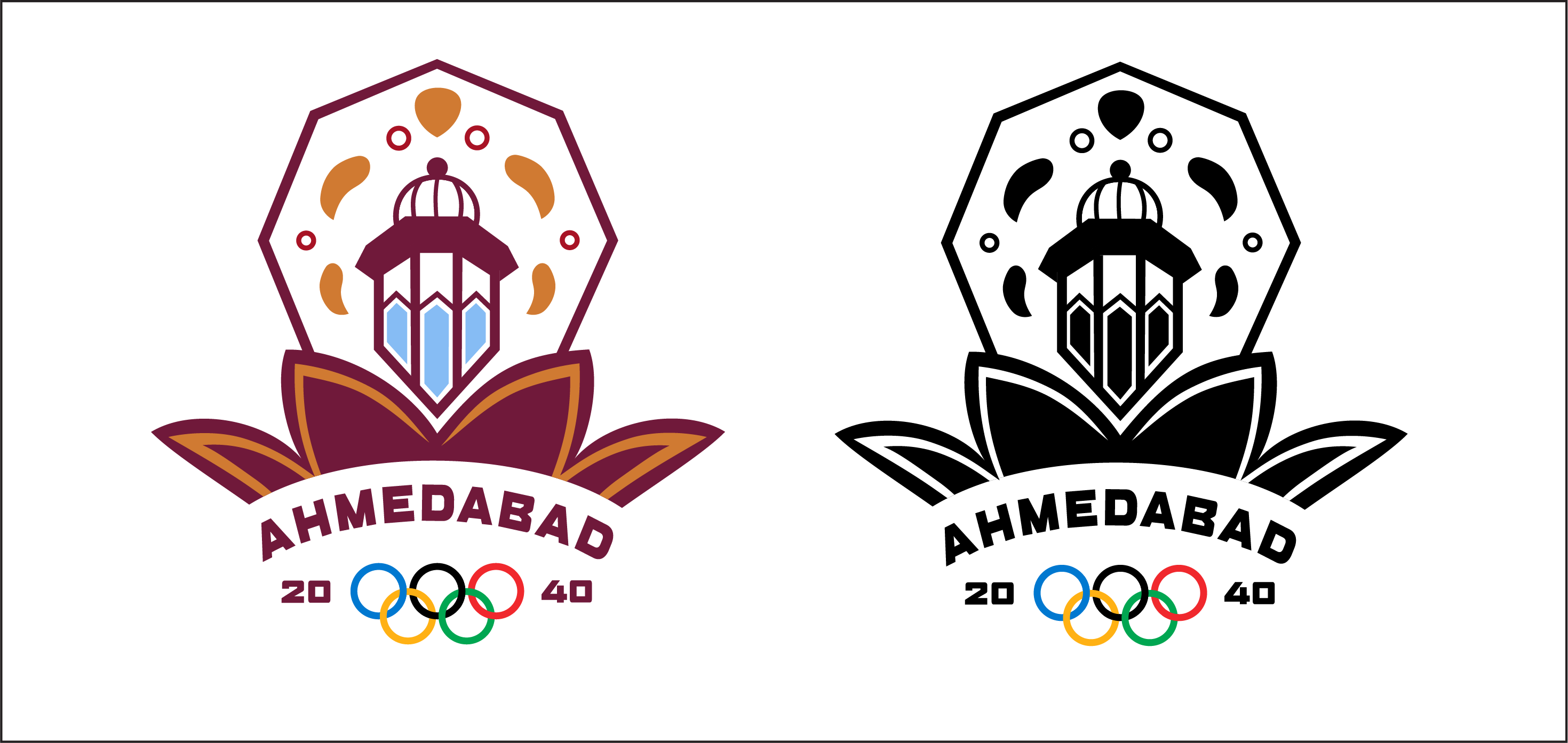 Image of the 2040 India Olympics logo in color and black and white