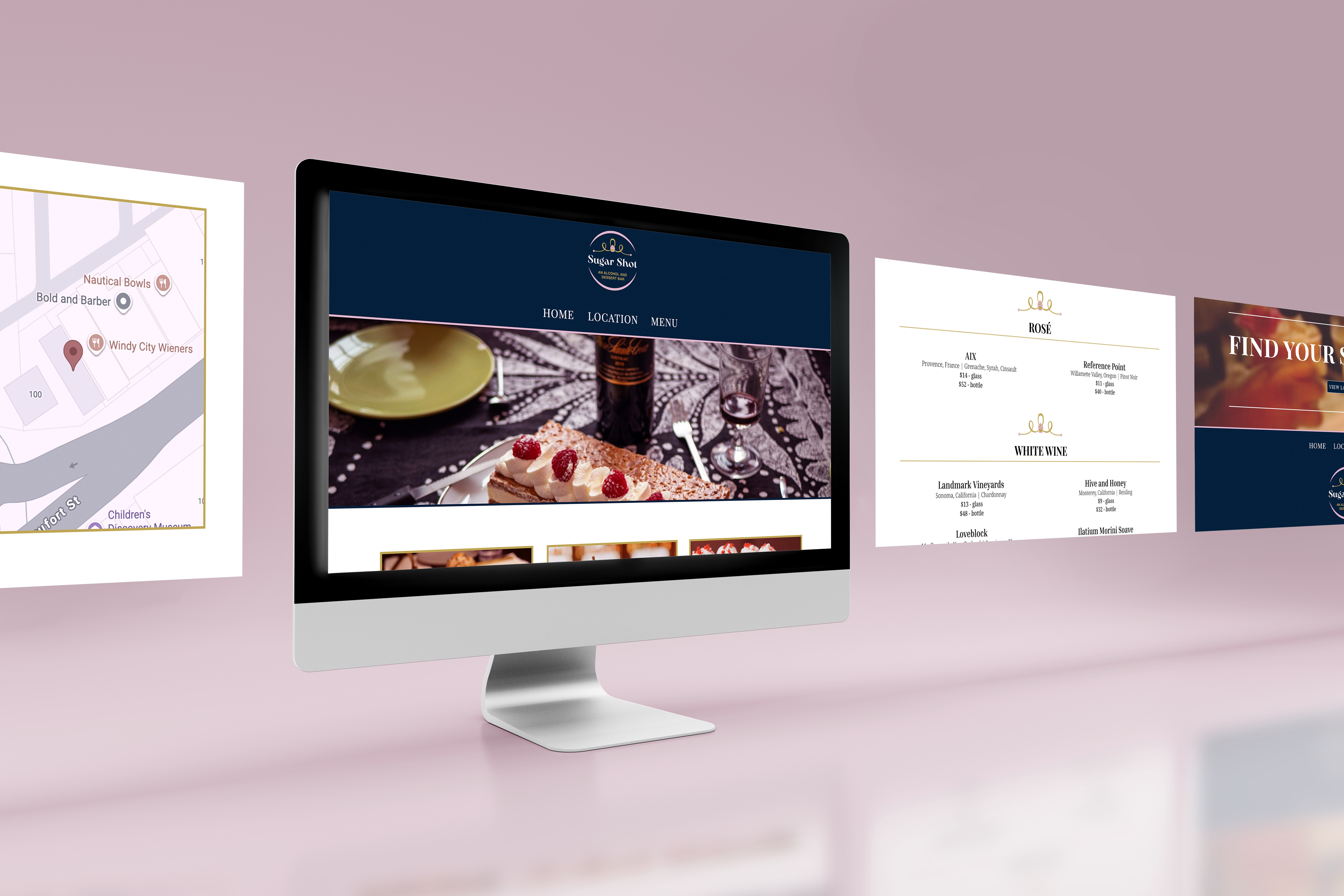 Mockup of four desktops showing the top of the Sugar Shot website, the menu of the Sugar Shot website, the location of the Sugar Shot bar, and the footer of the website with a pink background