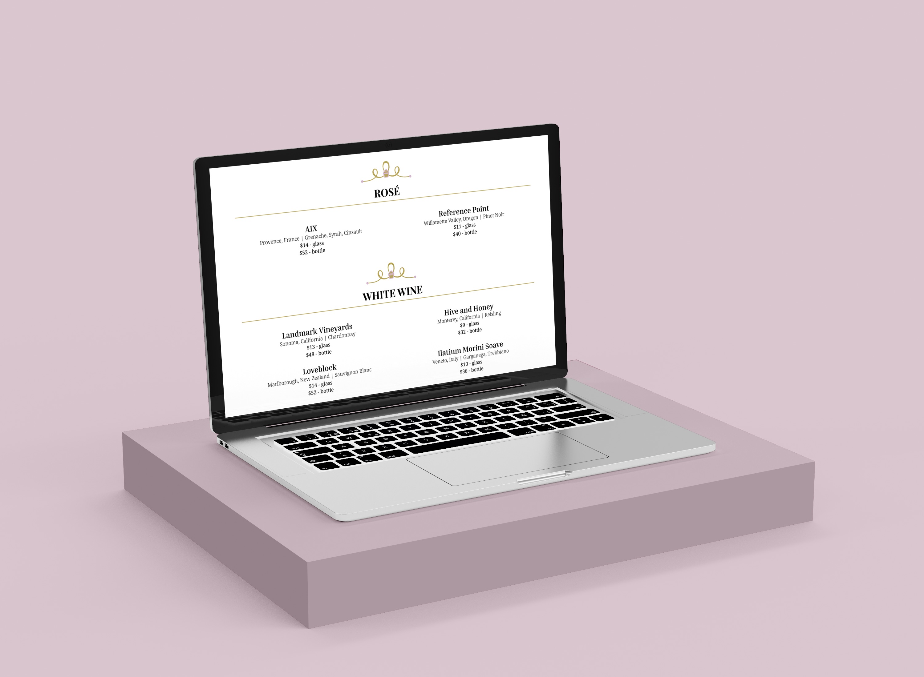 Mockup of a laptop with the menu of the Sugar Shot website and a pink background