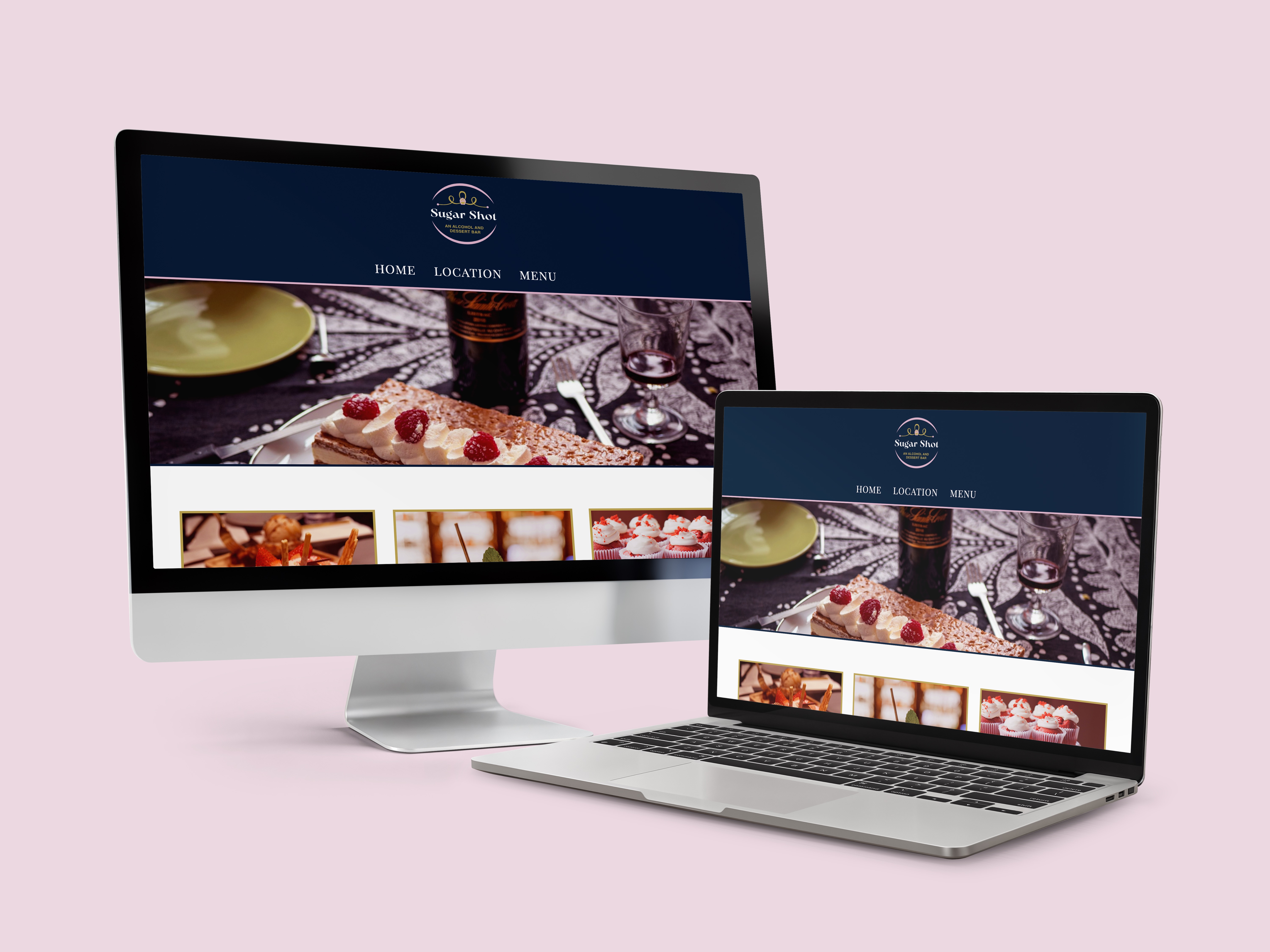 Mockup of a desktop and a laptop with the top of the Sugar Shot website and a pink background