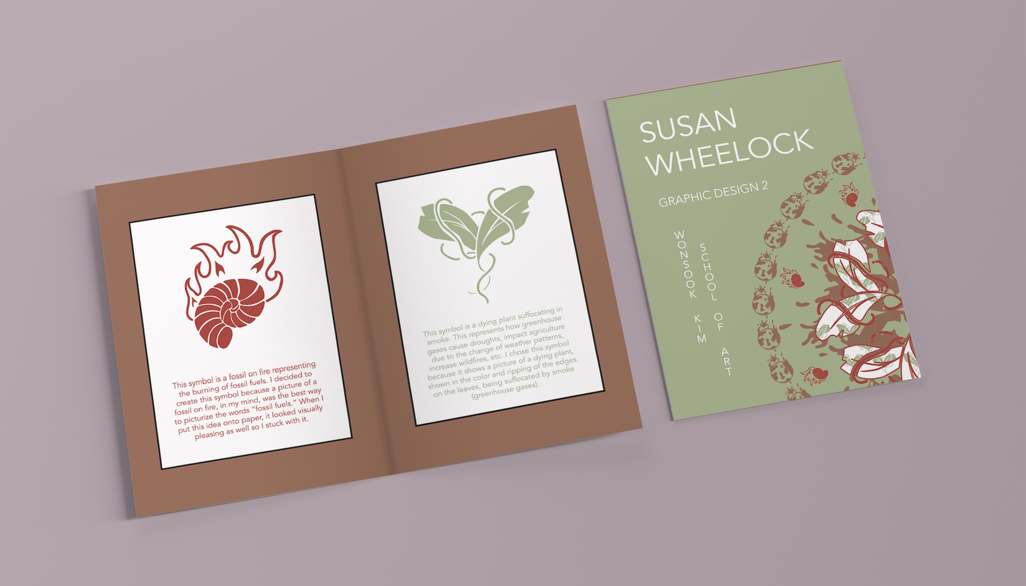 Mockup of two booklets one with an open page to two of the symbols and one showing the front cover of Global Warming booklet with a pink background