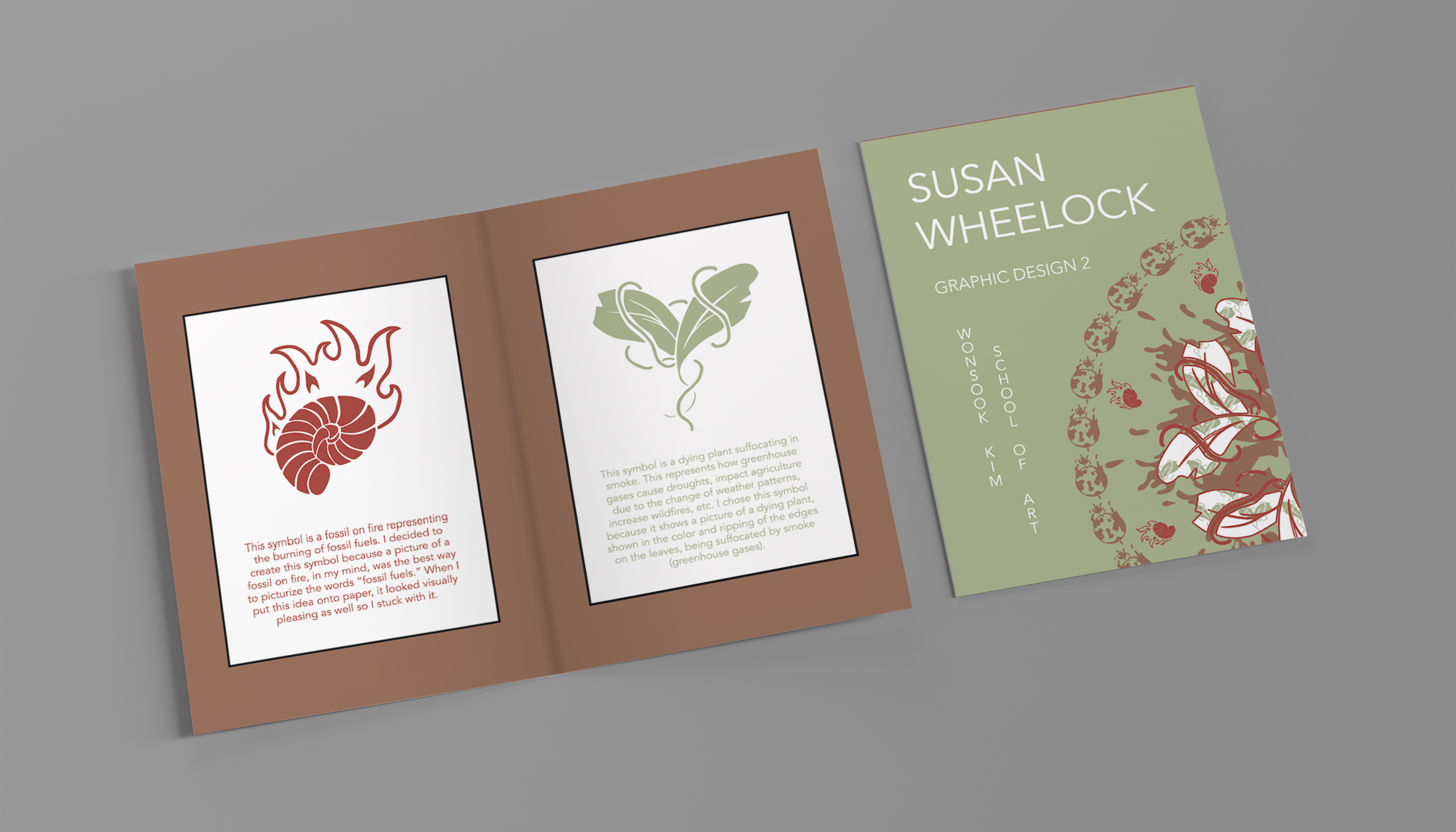 Mockup of two booklets one with an open page to two of the symbols and one showing the front cover of Global Warming booklet with a pink background