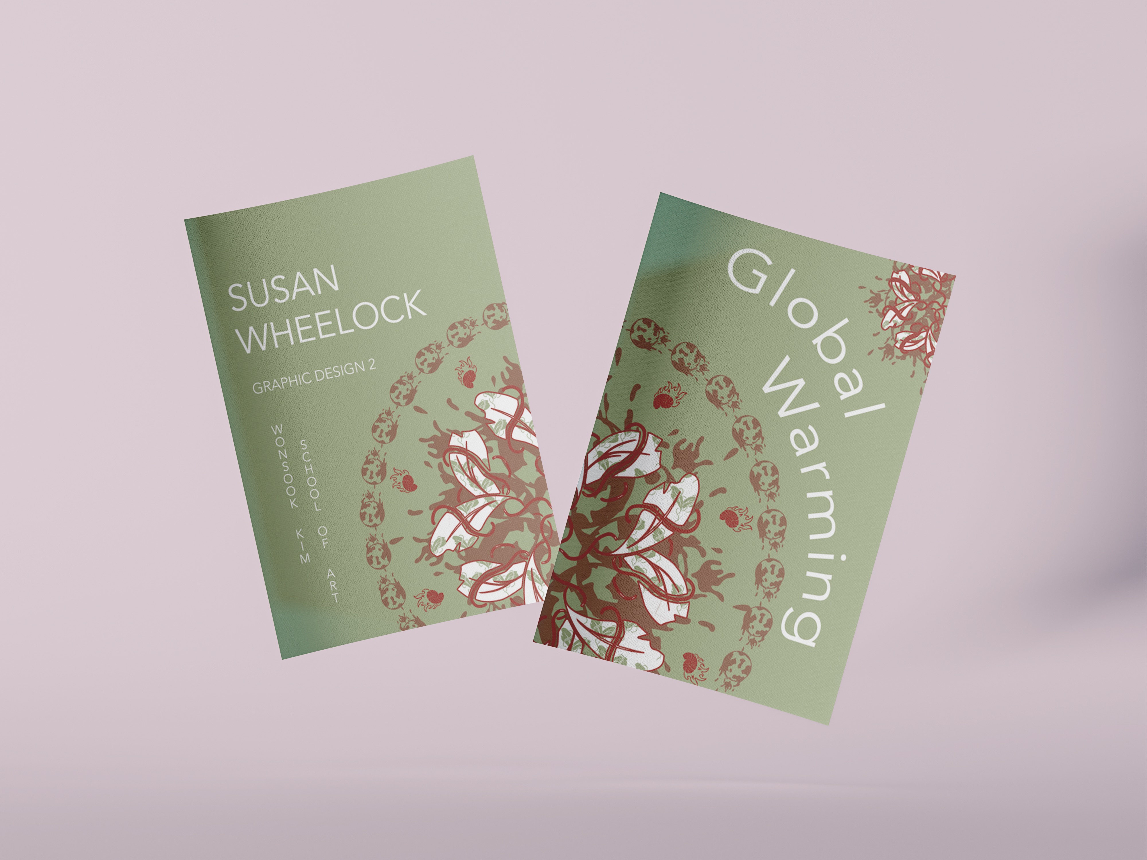 Mockup of two booklets with the back and front cover of Global Warming booklet with a pink background