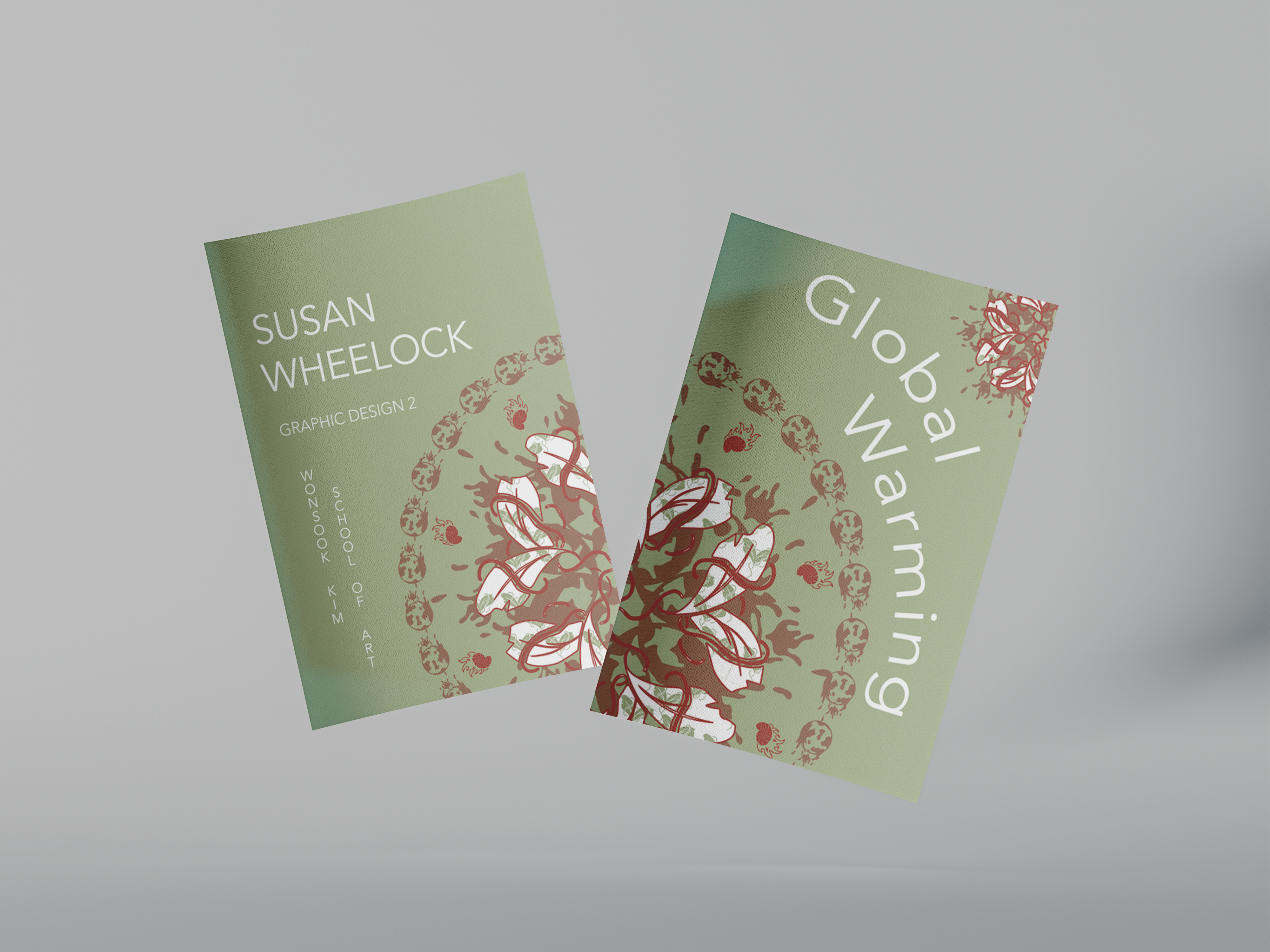Mockup of two booklets with the back and front cover of Global Warming booklet with a pink background