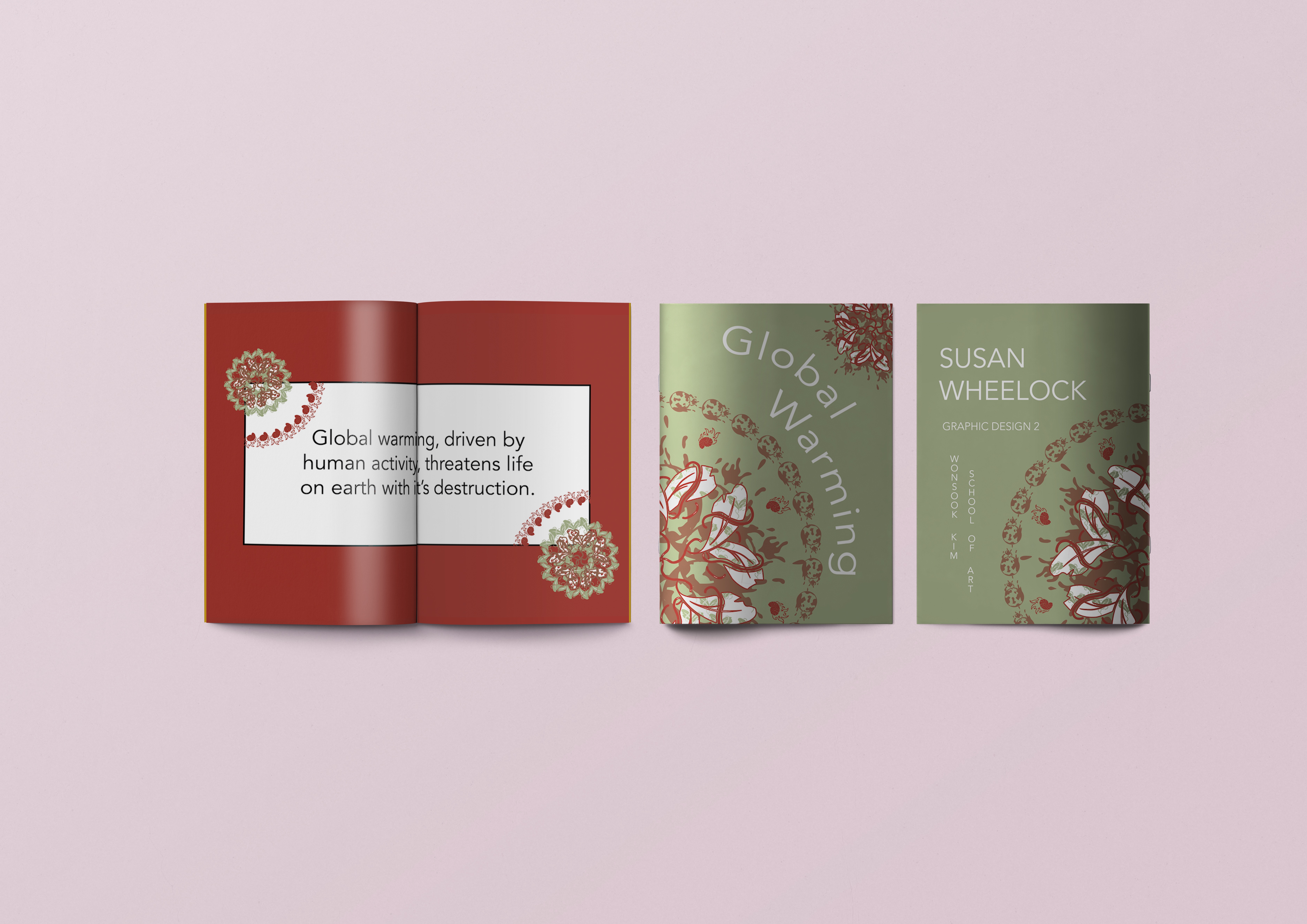 Mockup of three booklets one open to a red page, and the others with the front and back cover of Global Warming booklet with a pink background