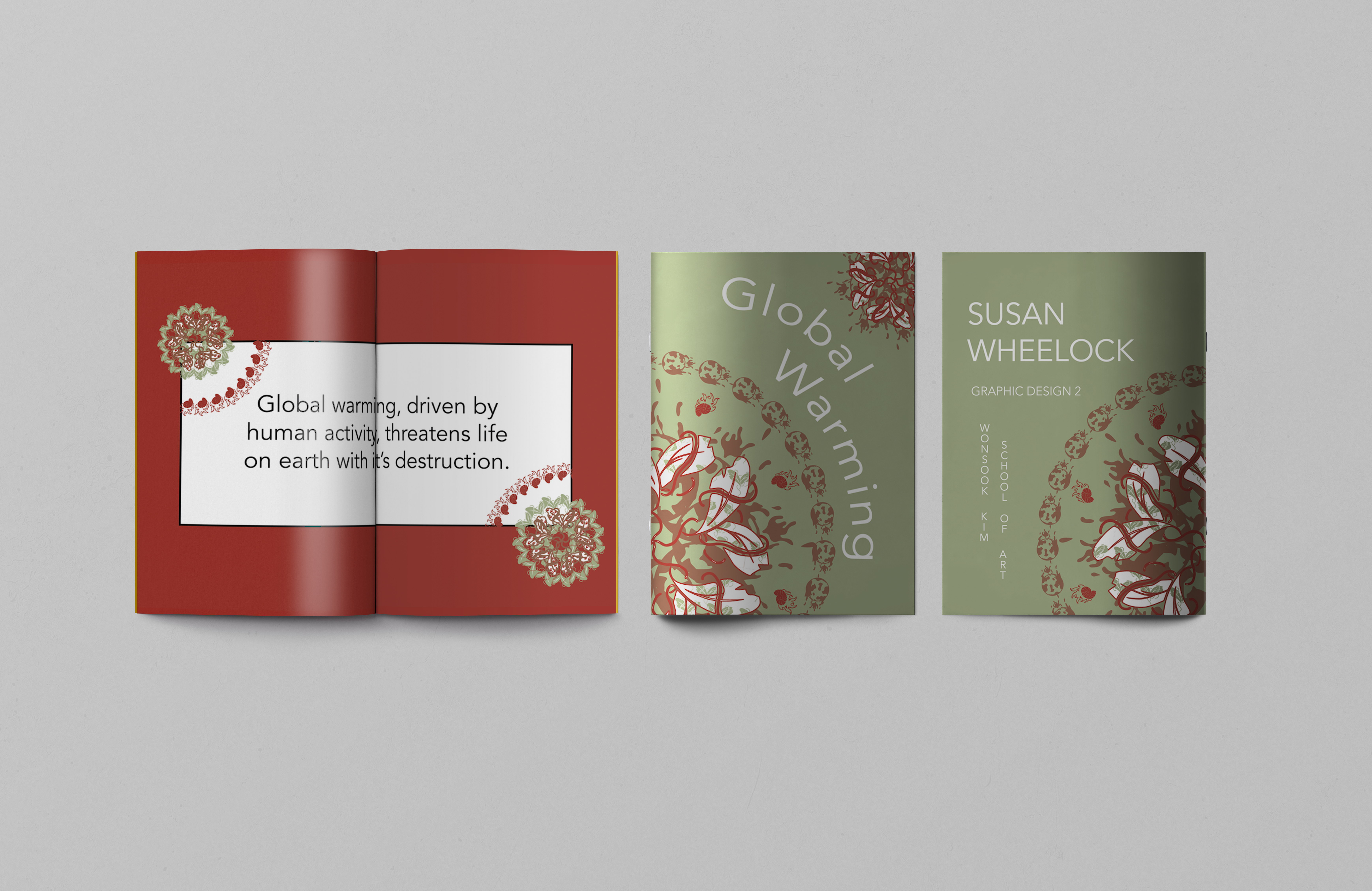 Mockup of three booklets one open to a red page, and the others with the front and back cover of Global Warming booklet with a pink background