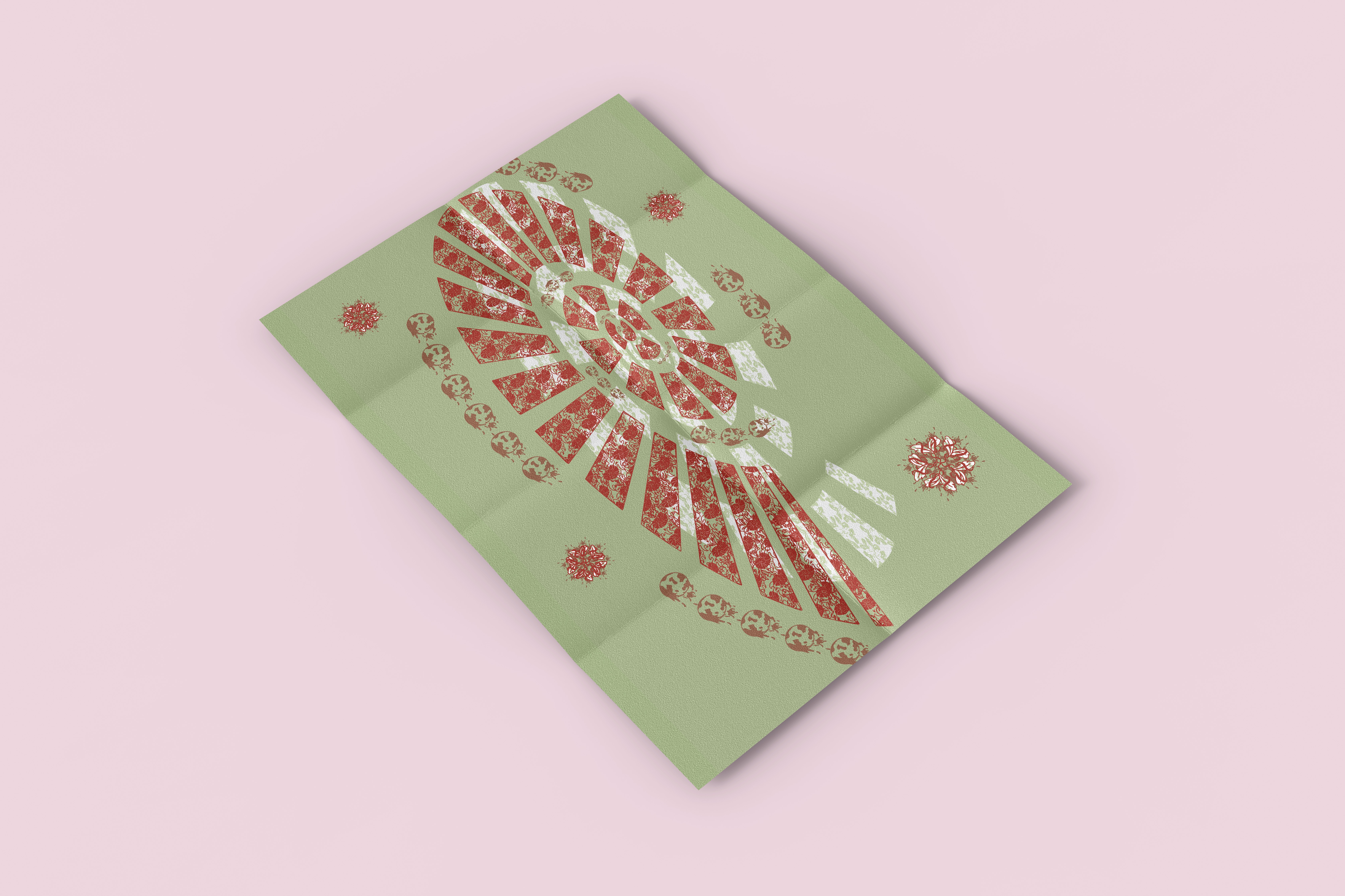 Mockup of the booklet unfolded to show the back design of a swirl of all the symbols combined.