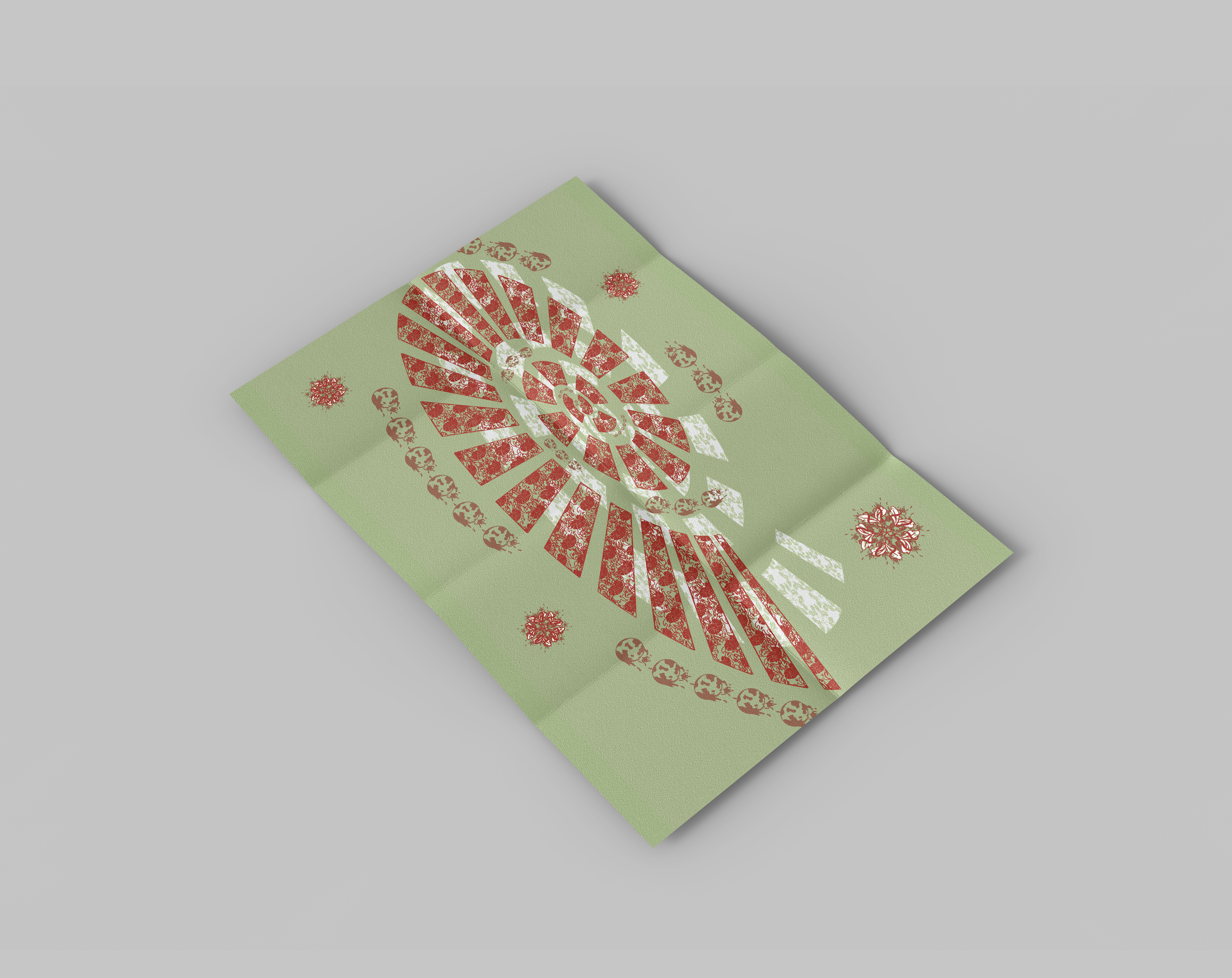 Mockup of the booklet unfolded to show the back design of a swirl of all the symbols combined.