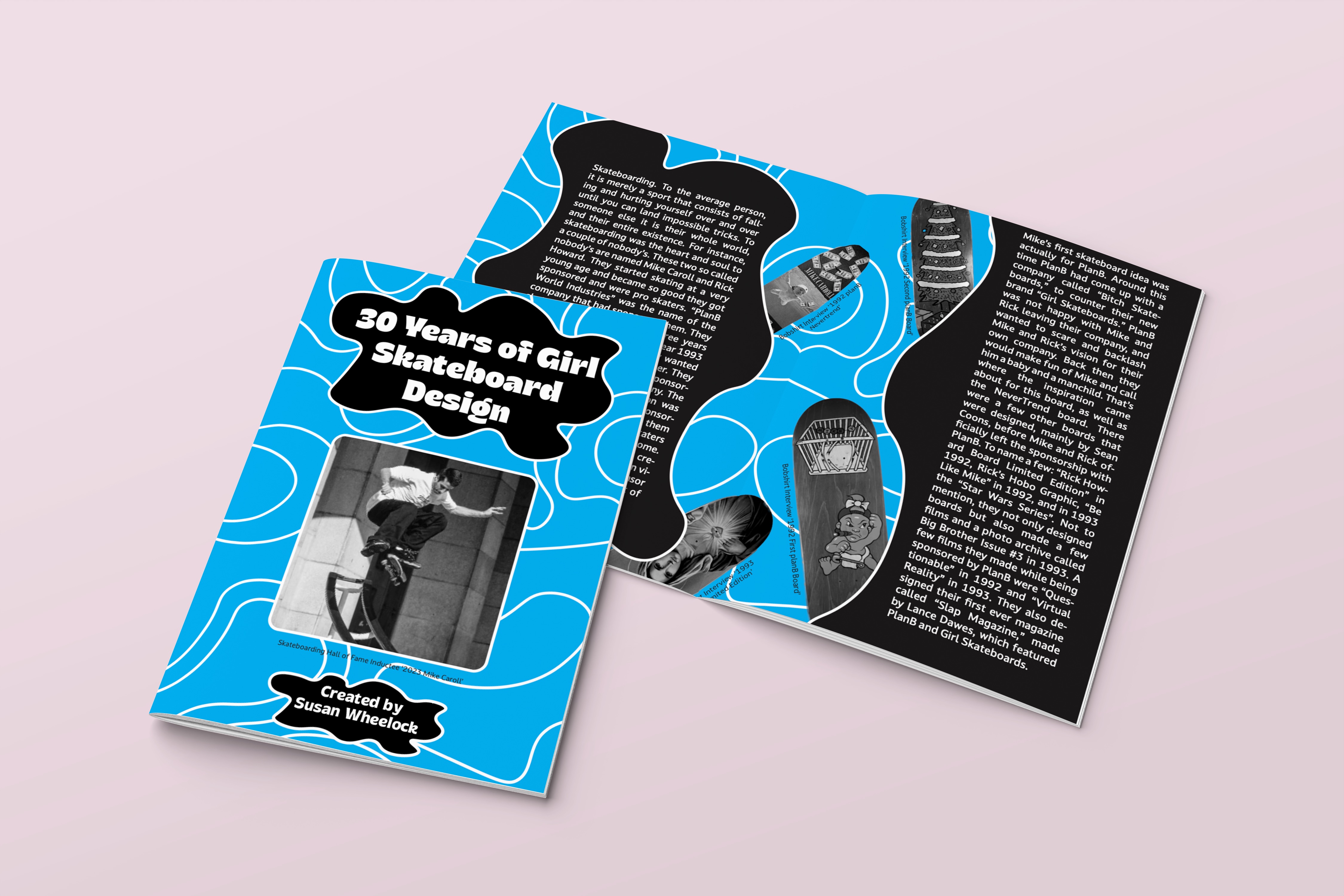 Mockup of the 30 Years of Girl Skateboard Design zine with a blue background and white text and many pictures of skateboards.