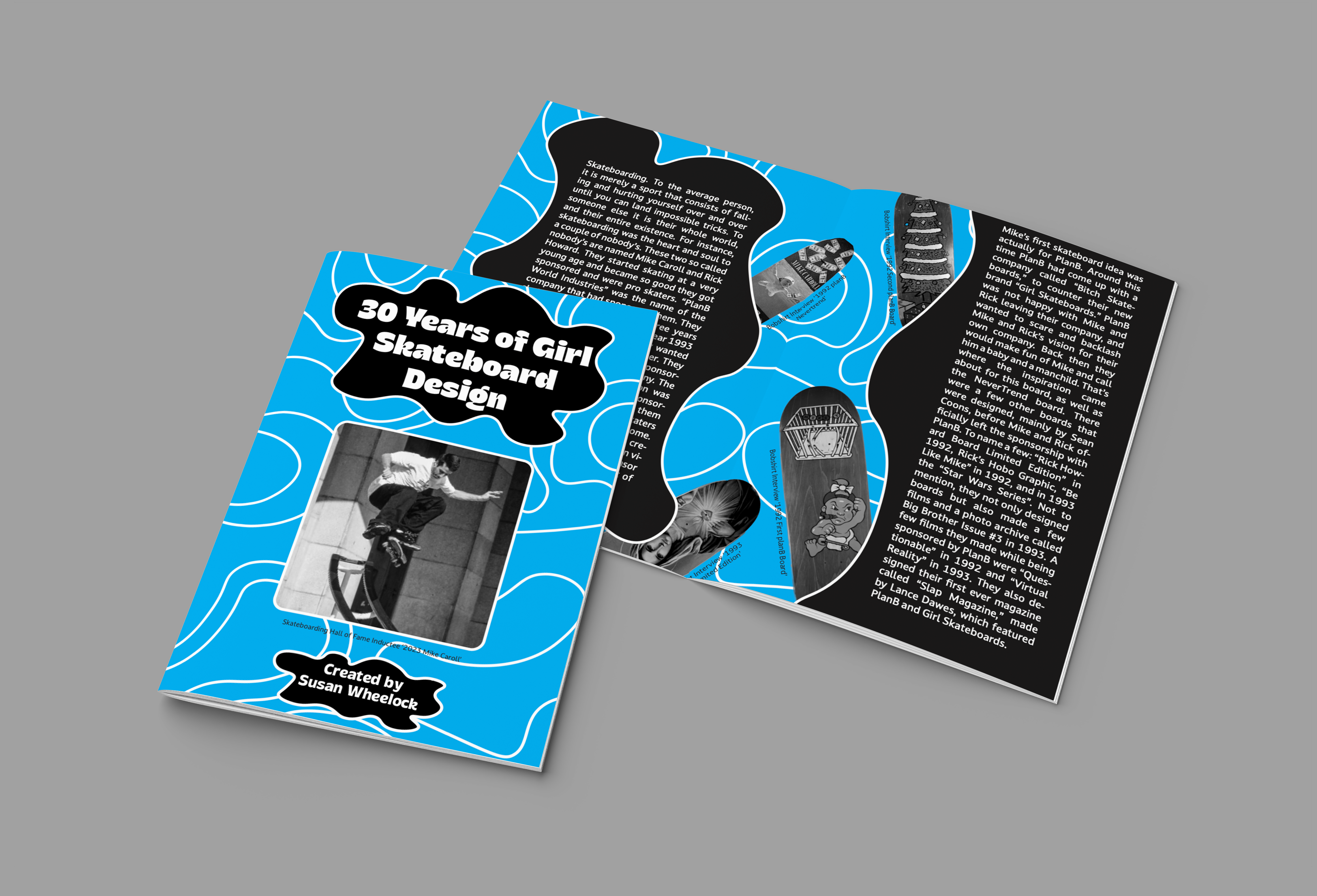 Mockup of the 30 Years of Girl Skateboard Design zine with a blue background and white text and many pictures of skateboards.