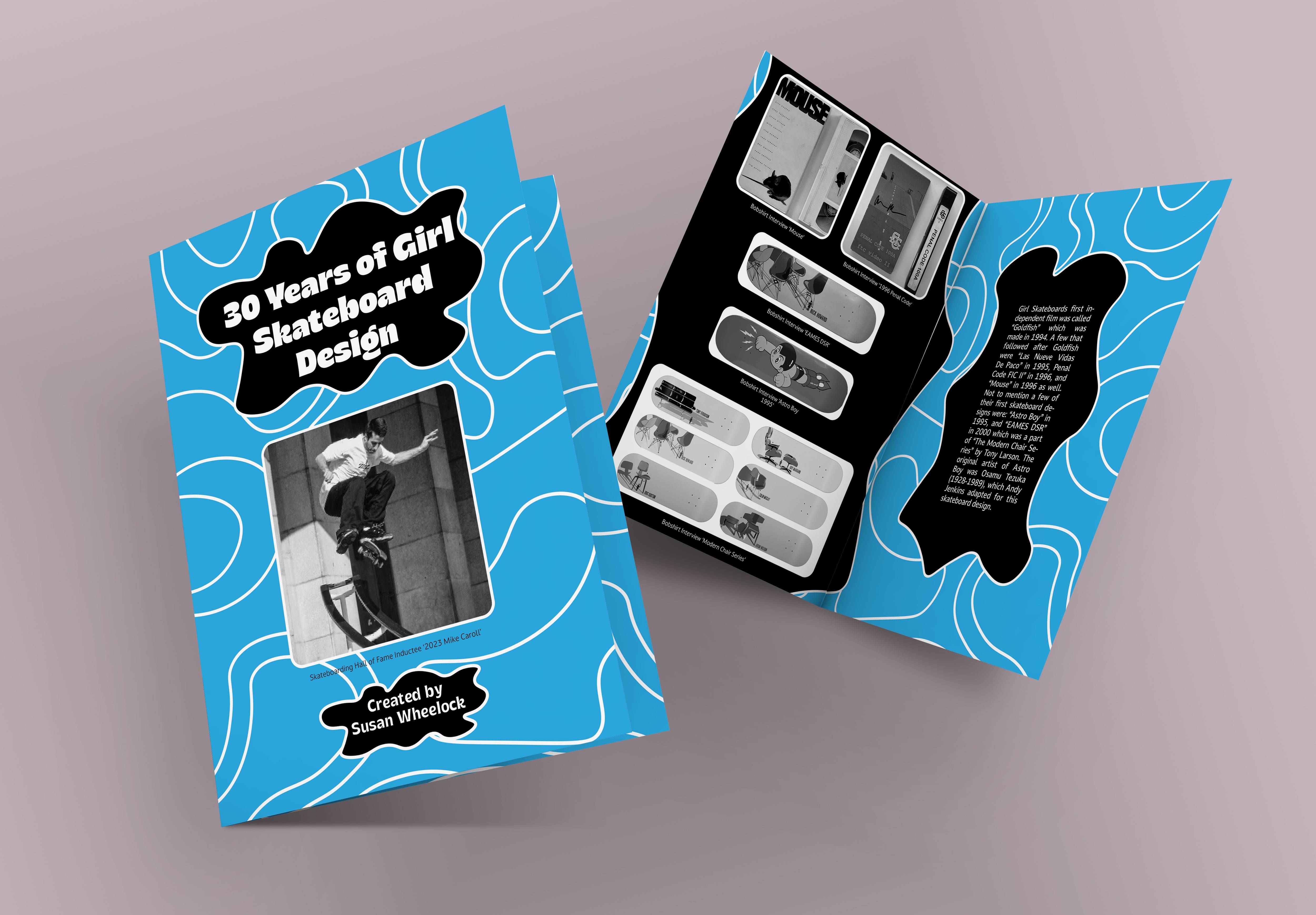 Mockup of the 30 Years of Girl Skateboard Design zine with the front cover of a blue black and white zine with various images of skateboards.