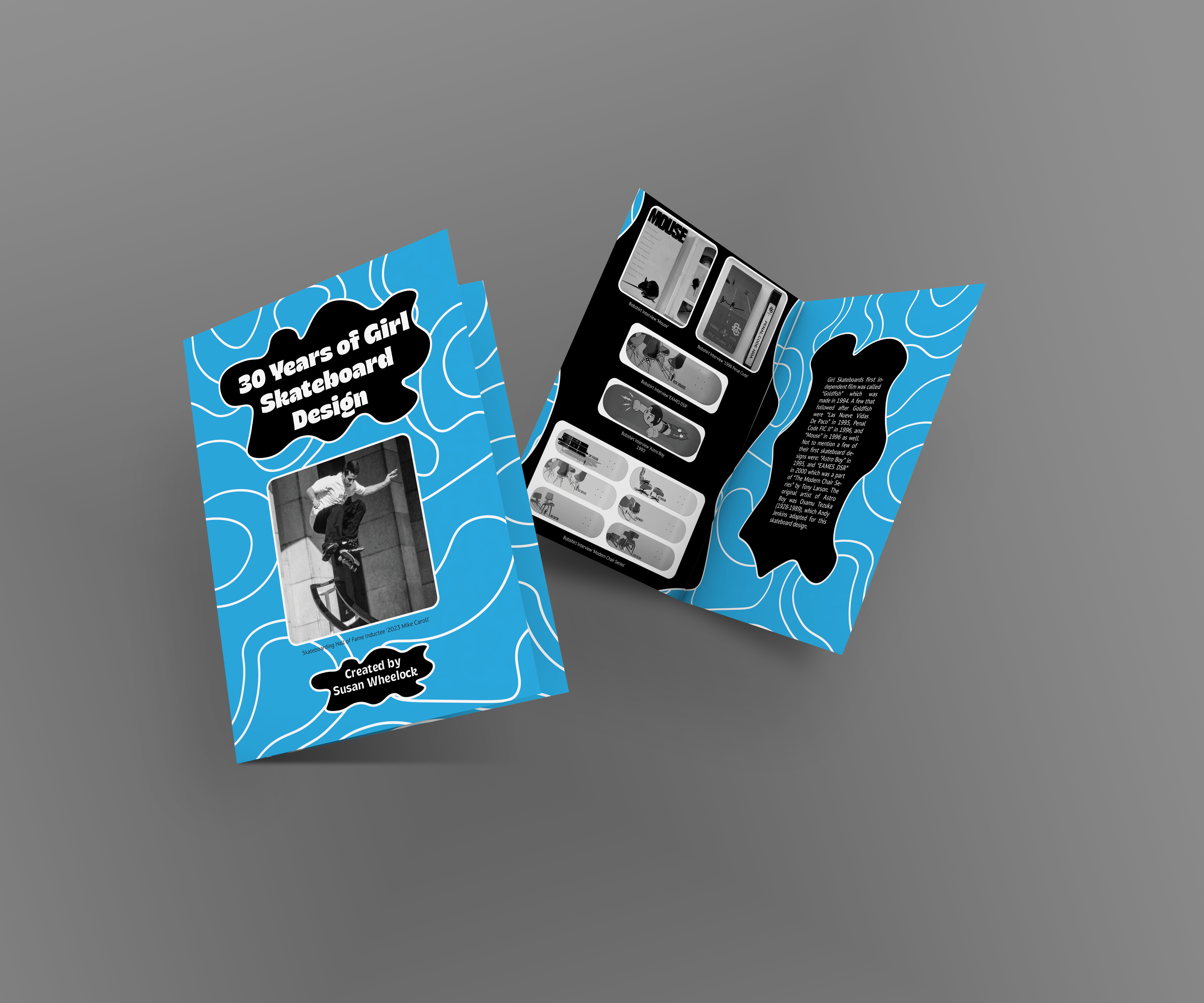 Mockup of the 30 Years of Girl Skateboard Design zine with the front cover of a blue black and white zine with various images of skateboards.
