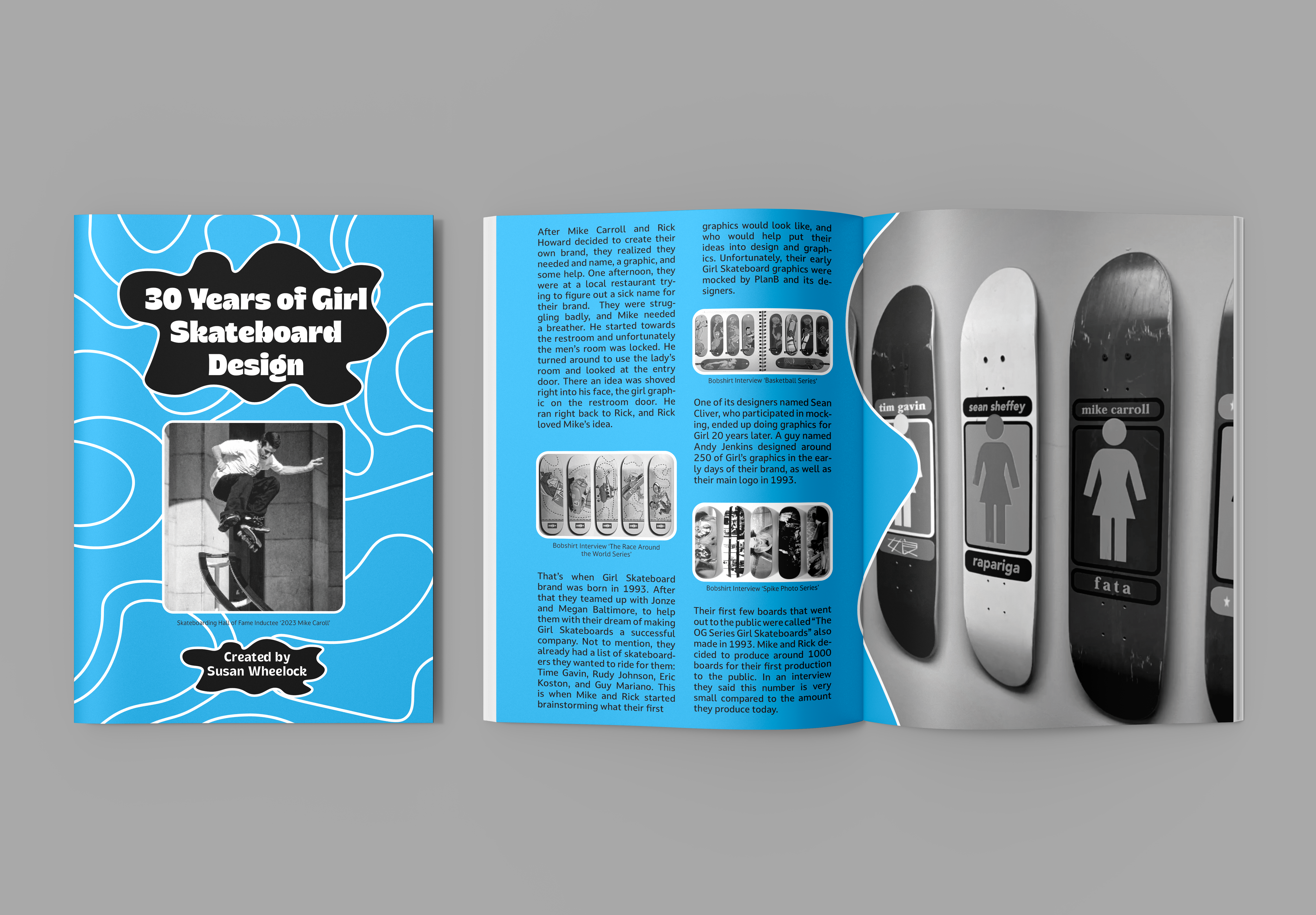 Mockup of the 30 Years of Girl Skateboard Design zine with blue background and images of skateboards with black and white text.